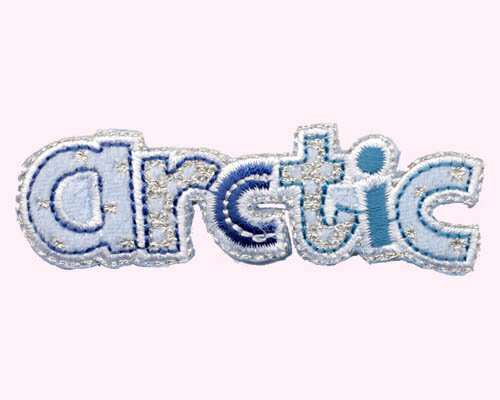 Applikation Schriftzug "arctic" mit Silberflocken, hellblau-silber