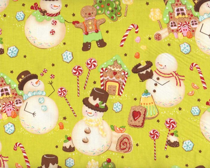 Patchworkstoff CHRISTMAS TIME, Lebkuchen und Schneemänner, limette-braun, Alexander Henry