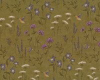 Patchworkstoff THE POTTING SHED, Wiesenblumen mit Kolibri, olivbraun-fuchsialila, Moda Fabrics