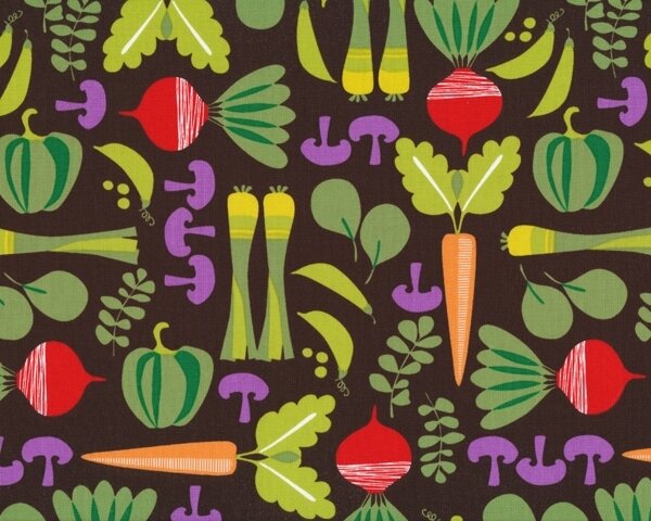 Patchworkstoff Tiny Veggies Mit Comic Gemuse Grun Braun Lila