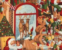 Patchworkstoff CHRISTMAS TIME, beim Weihnachtsmann zu Haus, rot-gedecktes aprikot-grün