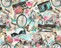 Patchworkstoff PARIS ATELIER, Collage mit Fahrrad,...
