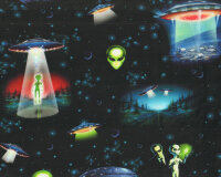 Patchworkstoff AREA 51, UFOs mit Aliens, schwarz, Robert Kaufman