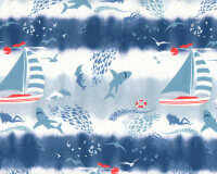Sweatstoff OCEAN HAI, Segelboote und Taucher, blau-weiß, Hilco