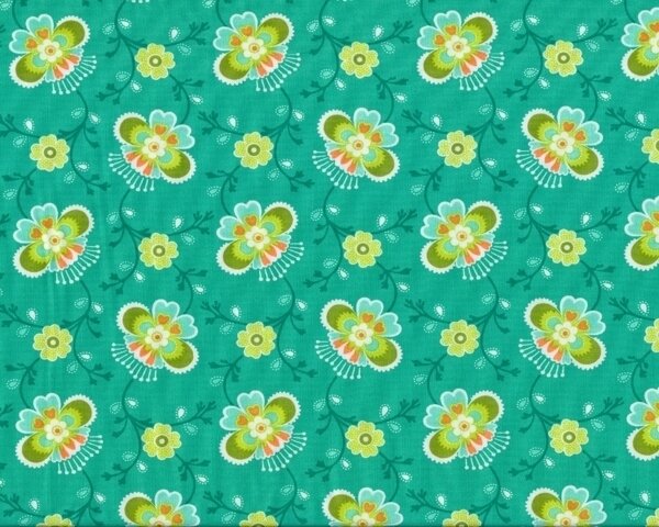 70 cm Reststück Patchworkstoff FOLKLORE, Blüten-Ranken, türkisgrün-hellgrün, Moda Fabrics