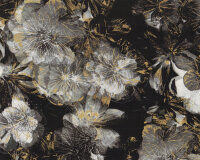 65 cm Reststück Patchworkstoff FLORAL IMPRESSIONS, Stempelblumen, schwarz