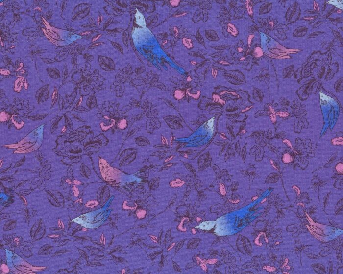 50 cm Reststück MIT FEHLER Bio-Patchworkstoff BIRD & FLOWER, Vögel auf Rosenzweigen, lila-aquablau